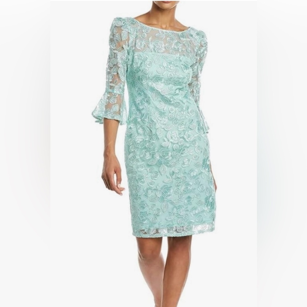 ADRIANNA PAPELL Rosie Embroidery Lace Sheath Dress Mint Event Dress Sz 10 Formal
